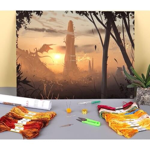 Scenery Somewhere In The Distance Printed Water-Soluble Canvas 11CT Cross Stitch Embroidery Complete Kit DMC Adults