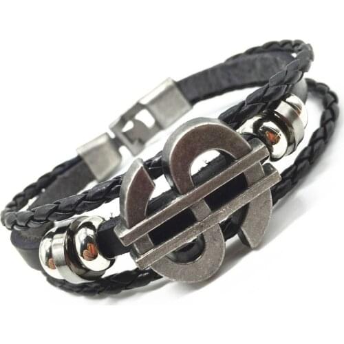 2016 New Arrival Punk Vintage $ Dollar Charm Cuff Genuine Men Leather Bracelets & Bangels Homme Mens Jewelry Accessories