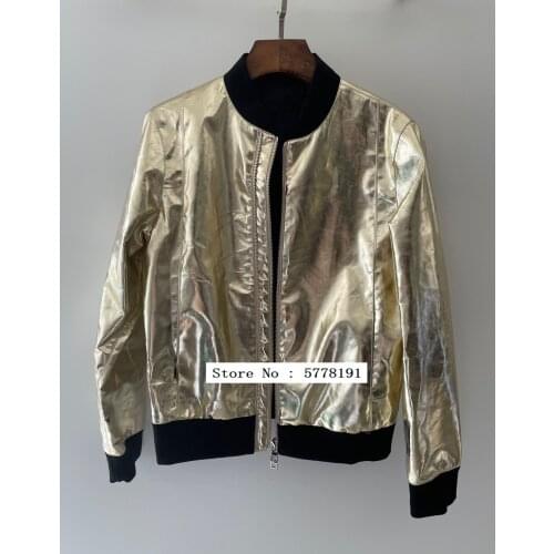 2021 autumn casual gold Patent leather baseball jacket front zipper short coat