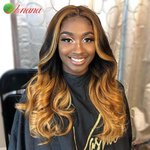 Alinana #4/27 Highlight Brazilian Remy Body Wave Wig Pre-Plucked Lace Front Human Hair Wigs Honey Blonde Ombre Lace Frontal Wig