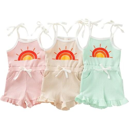 Pudcoco 6M-4Y Romper Baby Girls Boys Summer Rainbow Print Sleeveless Ruffles Sling Bow Flare Trousers Wide Leg Loose Pants