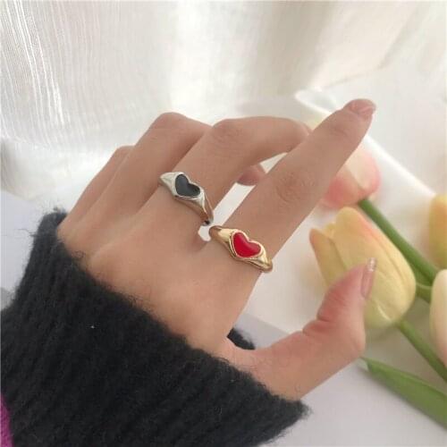 Romantic Simple Red Black Heart-shaped Metal Ring Fashion Cute Wedding Gold Color Rings For Women Punk Party Jewelry Gift