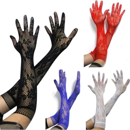 Sexy Transparent Fashion Diamond Elastic Bridal Etiquette Rhinestone Welding Colored Long Sleeve Lace Black Fishnet Goth Gloves