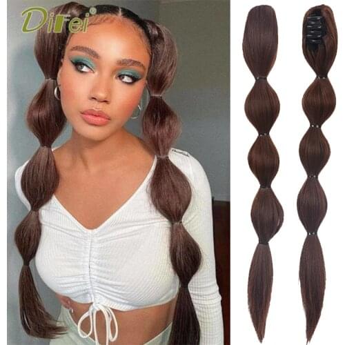 DIFEI 45CM Long Straight Synthetic Clip Bubble Ponytail Natural Black Heat-resistant Fake Ponytail Female Hair Clip Ponytail
