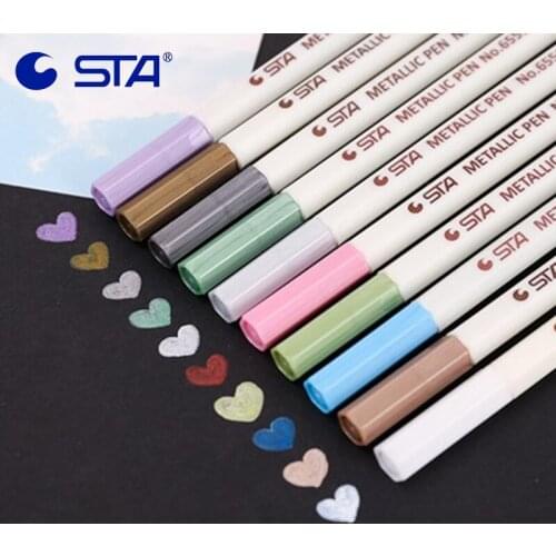 STA Drawing Painting Marker Pen DIY Metallic Color Pens For Black Paper Marker Pen 6/10 Colors Hard/Soft Head Stationery Escolar