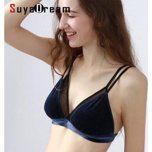 SUYADREAM 100%Real Silk Lining Wire Free Comfort Unpadded Bras Sexy Velvet Triangle Cup Two layers Thin Bra 2020 Underwears