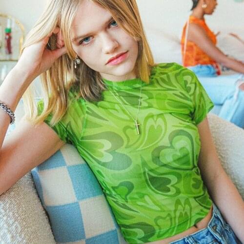 Y2K Love Print Perspective Short Sleeve T-shirt and Sleeveless Vest Womens 2021 Summer Fashion Crop Tops Green Streetwear