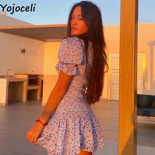 Yojoceli Ruffled bodycon short floral dress Summer women shirred casual beach dress Fashion sweet o neck female dress vestidos