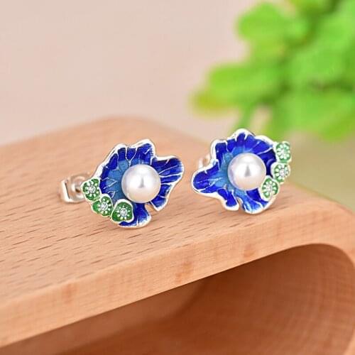 Female Wedding Jewelry Sets 8mm Pearl & Blue Enamel Lotus 925 Sterling Silver Small Crystal Earring Round Pearl Ring for Women