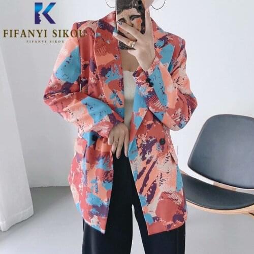 Double Breasted Blazer Jacket Women Autumn Fashion Graffiti Print Suit Jacket Notched collar Long Sleeve Lady Loose Blazer Coat
