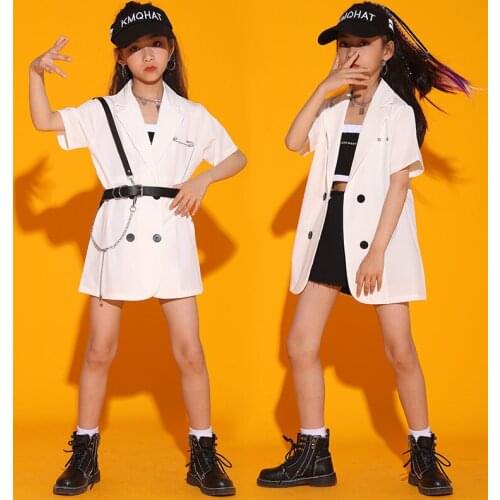 Girls Jazz Dance White Suit Dress Handsome Hip Hop Performance Clothes Catwalk Modern Street Dancewear Kids Stage Costume BL6498