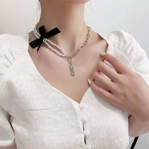 U-Magical French Vintage Black Bowknot Faux Pearl Pendant Necklace for Women Double-Layer Beaded Chunky Chain Necklace Jewelry