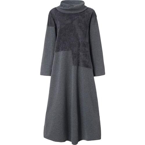 Women Autumn Turtleneck Long Sleeve Patchwork Plush Irregular Hem Maxi Dress