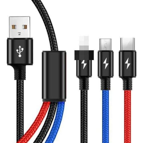 3A Nylon Braided 3 in 1 Fast Charging USB Cable Three Color 0.3M 1.2M For iphone Samsung Huawei smart phone