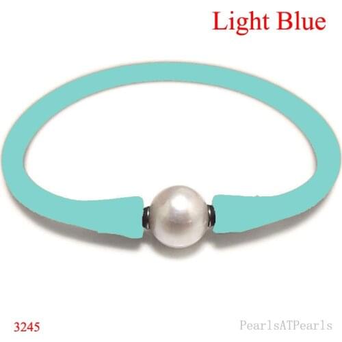 7.5 inches 10-11mm One AA Natural Round Pearl Light Blue Elastic Rubber Silicone Bracelet