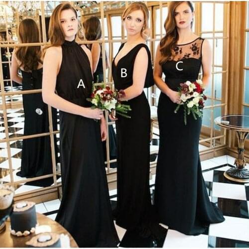 Elegant Multi Style Long Black Chiffon Bridesmaid Dresses Custom Made Pleated Zipper Back Formal Wedding Party Dresses