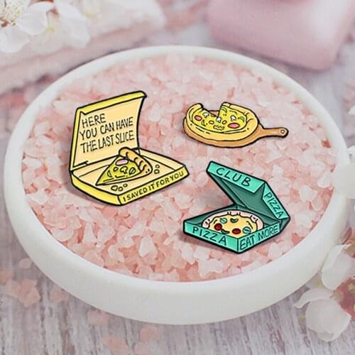 Pizza club Enamel Pin Yellow green Pizza box Eat more Brooches for Shirt Lapel Bag Badge Fun Food Jewelry Gift for Kids Friends