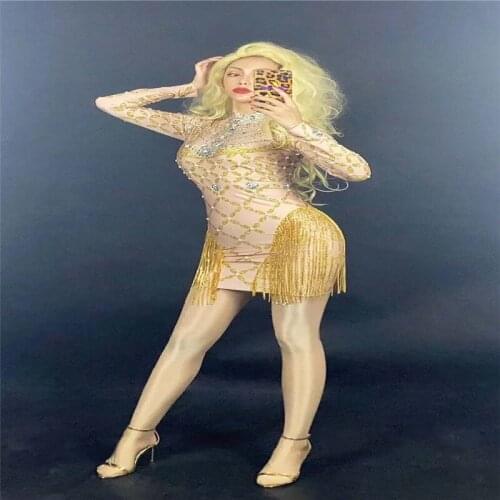 H49 Pole Dance Party Sexy Mesh Elastic Stretched Drill Chain Diamond Costume Female Show Club Long Sleeve Tassels Ballroom Wear