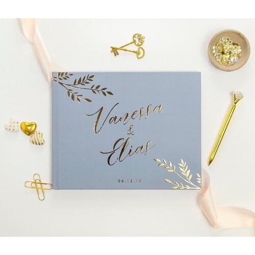 Personalized Wedding Guest Book, Rustic Wedding Guestbook, cutom Dusty Blue Guest Book with Leaves, Botanical Guest Book