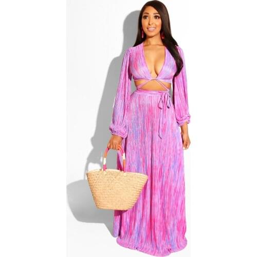 Echoine Summer Sexy V-neck Crop Top maxi Swimming Outfits 2 Pieces set Vacation Beach Style Sexy Bra and Long Skirt set