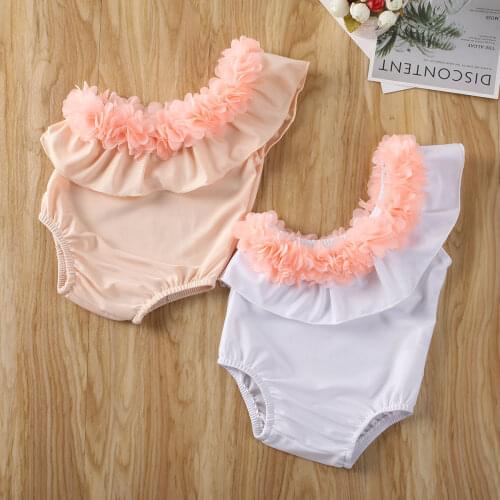 2021 New Newborn Girls Sleeveless Cute Swimsuit Jumpsuit One-Shoulder Lotus Leaf Lace Sisters Swimsuit Swimsuit Beachwear