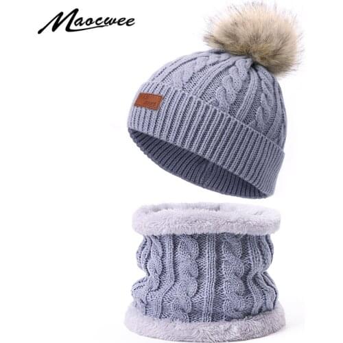 Scarf Hat Set Children Skullies Beanies PomPon Fake ball for Knitting Autumn And Winter Warm Solid Color White Girl Outdoor