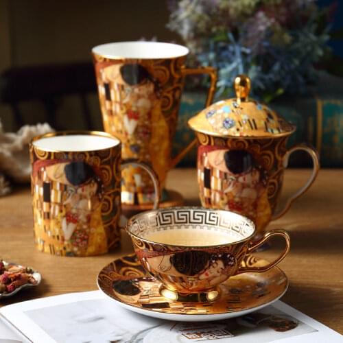 Gustav klimt Bone china coffee cup Set luxury Porcelain Tea Cup Caffe Mug With Lid Cover Tableware Wedding Present Home Decor