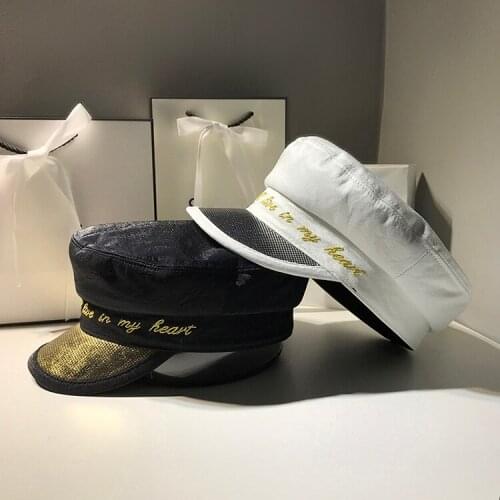 New Autumn Girl Casual Satin Cotton Beret Caps Artist Hat British Women Letter Embroidery Navy cap Gold