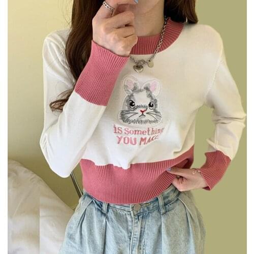 New Embroidery Tall Waist Cropped Sweater Autumn Winter Round Neck Knit Sweaters Women Long Sleeve Pullover Knitted Crop Tops