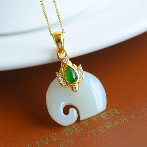 Silver inlaid natural Hetian White Jade Elephant Pendant Necklace Chinese style palace charm womens Christmas Halloween Gift