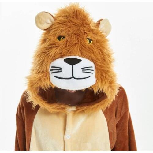 Animal Lion Kigurumi Onesie Cartoon Soft Flannel Pajama Overalls Kids Adult Sleepwear Winter Warm Jumpsuit Hooded Funny Suit