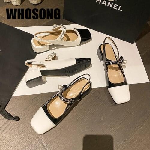 Women Sandals Woman Chain Shoes Girls Thick Heels Ladies Pearl Shoes Female Black Brand Sandalias Fashion Zapatos De Mujer New