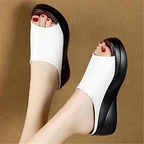 Womens Platform Muffin Slippers Wedge Summer Shoes Ladies Flip Flops Female Soft Leather Slip On Slides Casual Beach Sandals