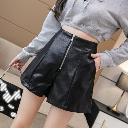 Shorts Female Pants High Waist Zipper Womens Leather Shorts Elegant Black Khaqi A-line Wide-legged Slim 2021 Autumn Pu Shorts