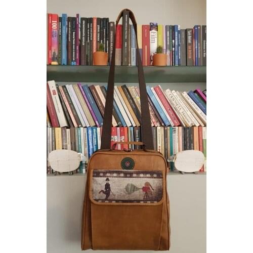 Unisex bag Bohemian Style, Tumbled Image Given Charlie Chaplin Themed Linen Fabric, Natural and High Quality Artificial Leather