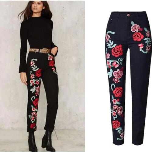 European style loose high-waisted rose embroidered straight Jeans Fashion womens casual denim pants