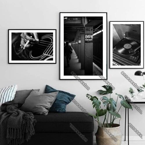 Vintage Canvas Painting Poster Black White Pictures Music Portraits Various Instruments Jazz Guitar Records for Home Rooms Decor