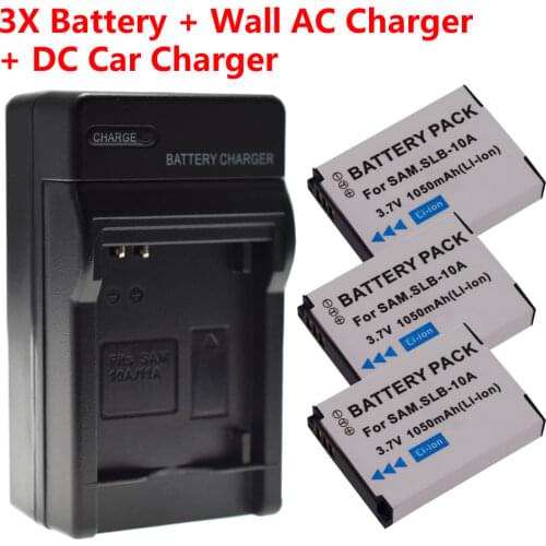 3 Pack Battery + Home&Car Charger for Samsung TL240 WB600 WB650 L100 L200 SL620 SL820 SBC-10A SLB-10A