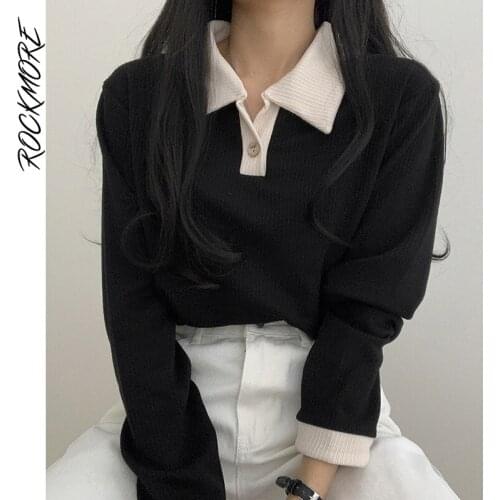 Rockmore Harajuku Knitted Solid Top Women Preppy Style Long Sleeve T-Shirt Aesthetic Basic Tee Shirt Autumn Grunge Fairycore