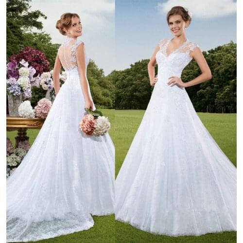 Free shipping white v-neck long train a-line wedding dress bridal gown bride dresses vestido de noiva 2015 new fashion QX15