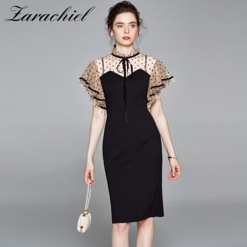Women Summer Elegant Pencil Dress Vintage Office Ruffles Sleeve Polka Dot Mesh Sheer Bow Dress Female Cocktail Party Midi Dress