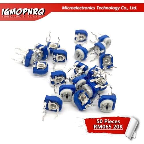 50pcs RM065 RM-065 20K ohm 203 Trimpot Trimmer Potentiometer horizontal Blue and white potentiometer