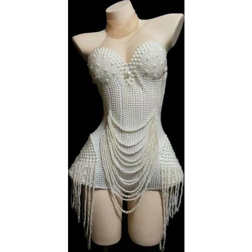White Pearls Beading Bodysuit Jazz Dance Costume Evening Stage Nightclub Bar Show Wear Prom Birthday Outfit Women Singer Clothes
