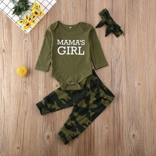 Infant Baby Girl Letter Print Long Sleeve Romper Tops Camo Pants Headband 3PCS Outfits Clothes Set 0-24M