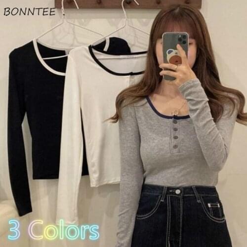 Long Sleeve T-shirts Women O-neck Button Elastic Patchwork Simple Chic Elegant Ladies Casual Basic Korean Ins Autumn New Tops