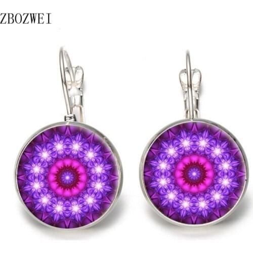 Heat! New Retro Mandala Hindu Glass Jewelry Mandala Flower Round Stud Earrings Female Clothing Accessories Earrings Jewelry