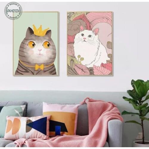 Cute Cartoon Animal Canvas Painting Lovely Cat Fish Flower Poster and Prints Wall Art Nursery Picture Kids Baby Room Decoration