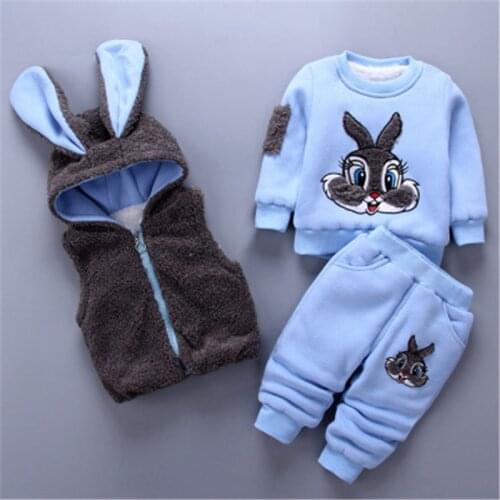 New Fashion Baby Girls Boys Kids Winter Clothes Cotton Cartoon Rabbit Vest+Top+Pant 3 Pcs Hooded Outfit Suit Childrens Clothing