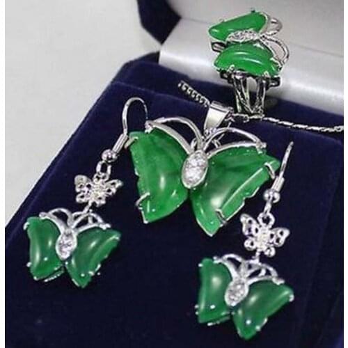 Set Pretty butterfly green jade pendant Necklace earrings ring Fashion Wedding Party Jewellery