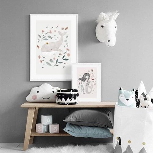 Cartoon Whale Mermaid Flower Leaves Wall Art Paper Canvas Painting Nordic Posters And Prints Decoration Pictures Baby Girl Room